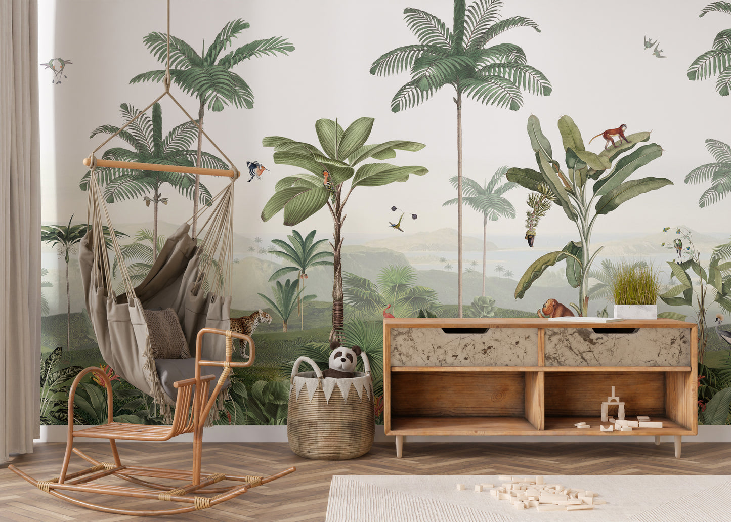 Thrilling Tropics wallpaper mural of green palms and a monkey behind a rattan hammock chair and wood console
