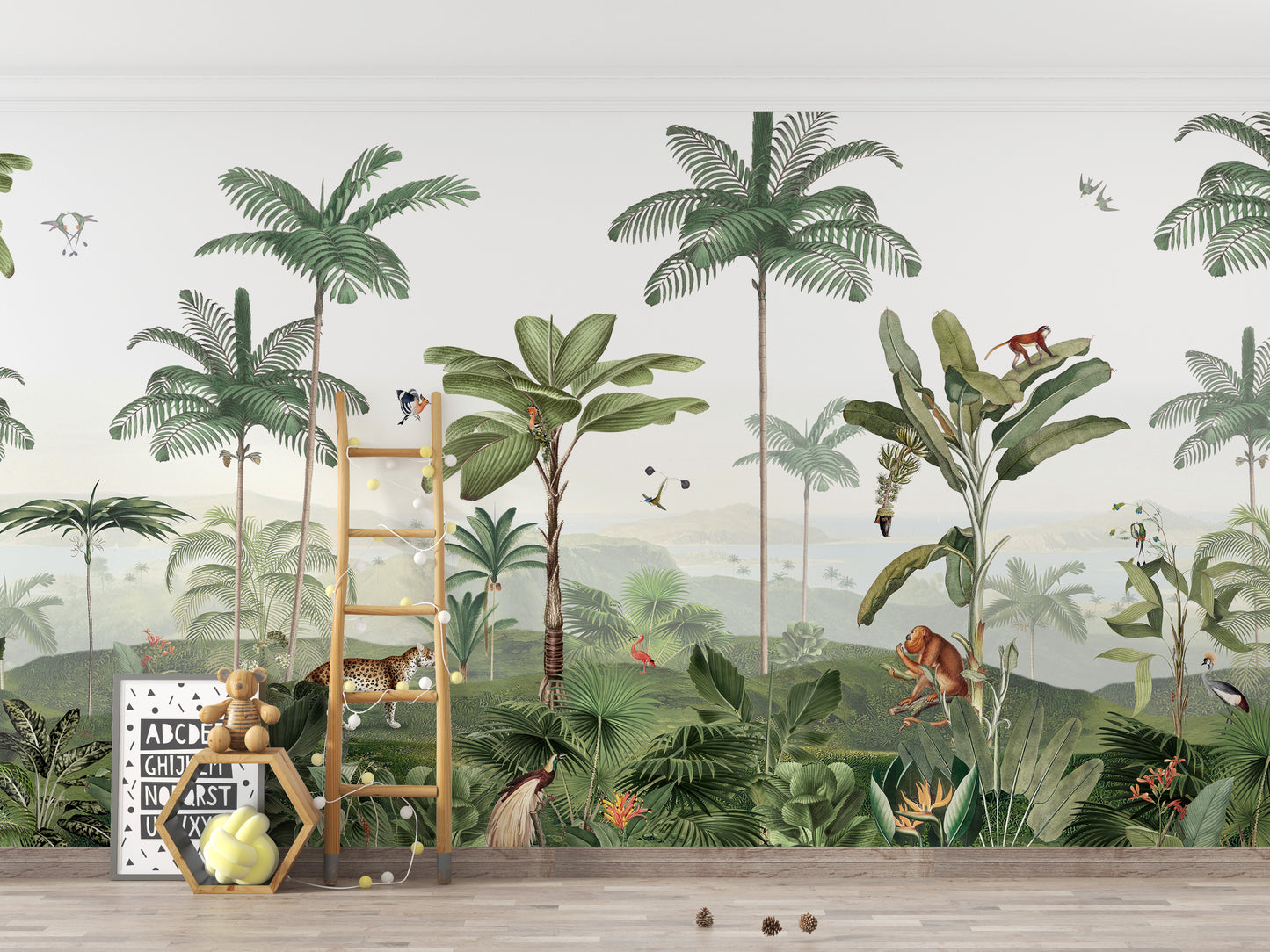Thrilling Tropics wallpaper mural of green jungle palms and monkeys behind a kids ladder and teddy bear