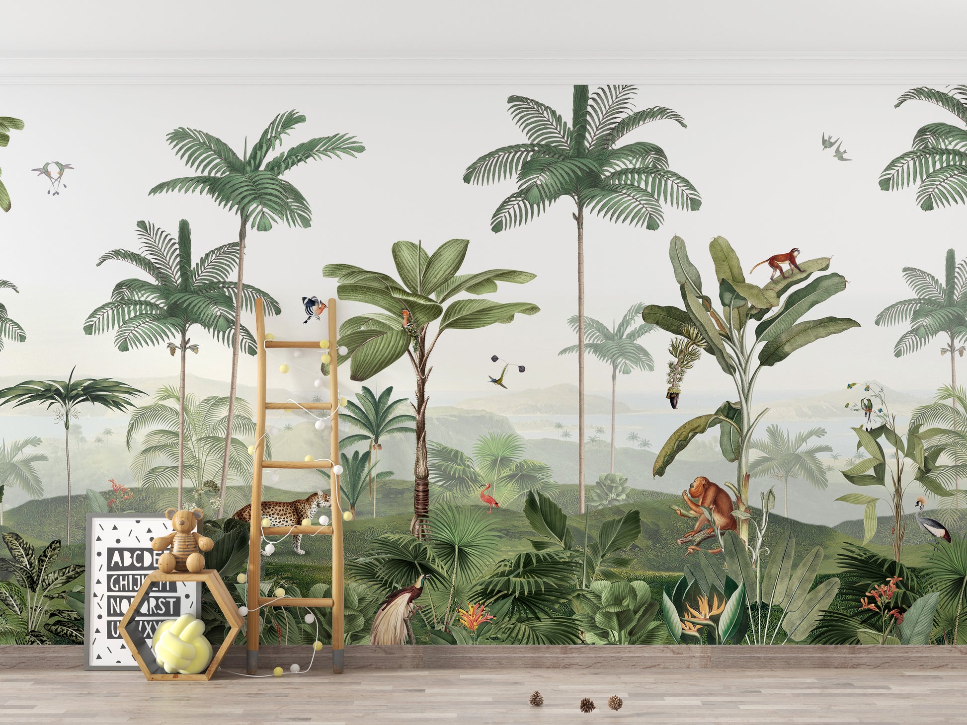 Thrilling Tropics wallpaper mural of green jungle palms and monkeys behind a kids ladder and teddy bear
