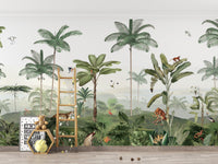 Thrilling Tropics wallpaper mural of green jungle palms and monkeys behind a kids ladder and teddy bear