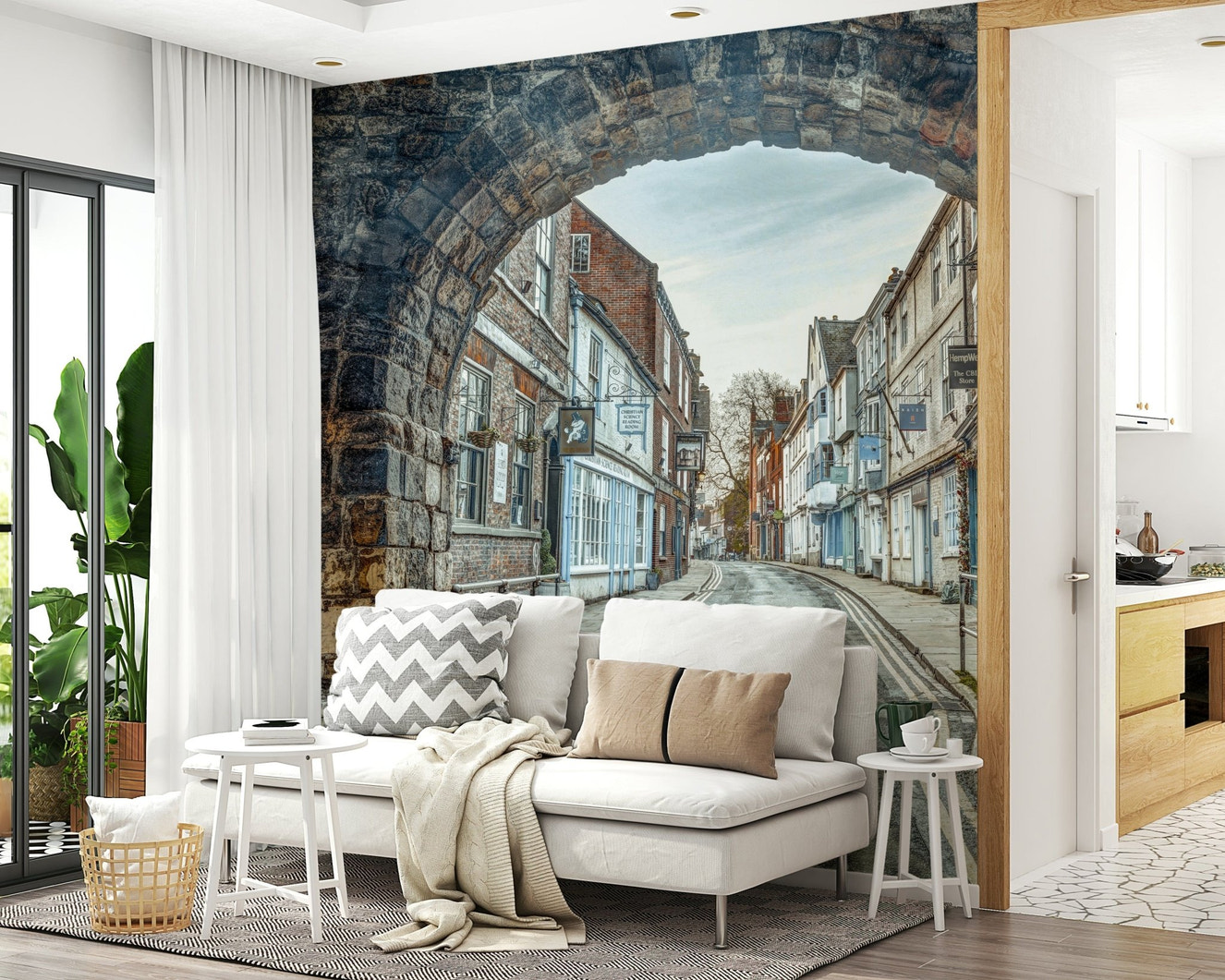 Stone arch mural for stylish apartment living room wall decor