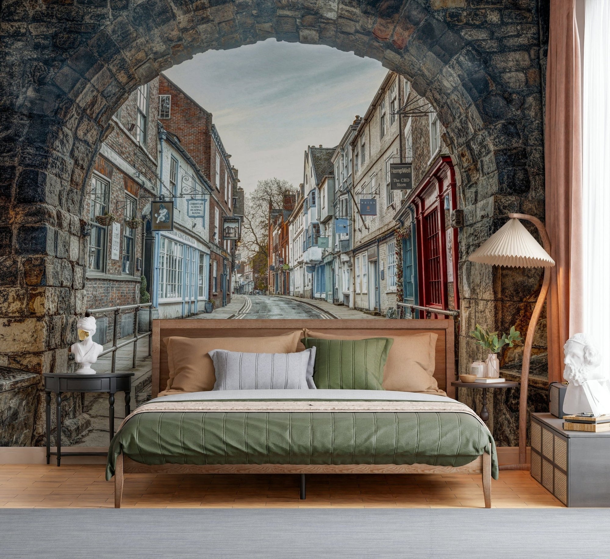 Through Time’s Arch Wall Mural in modern living room with neutral colors