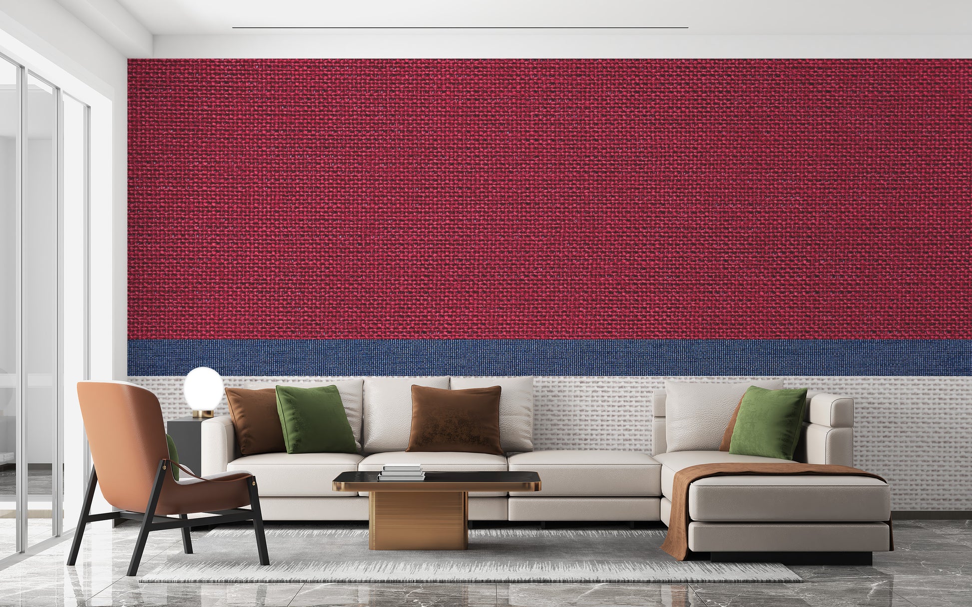 Tied thread fabric wallpaper for a soft, woven aesthetic.
