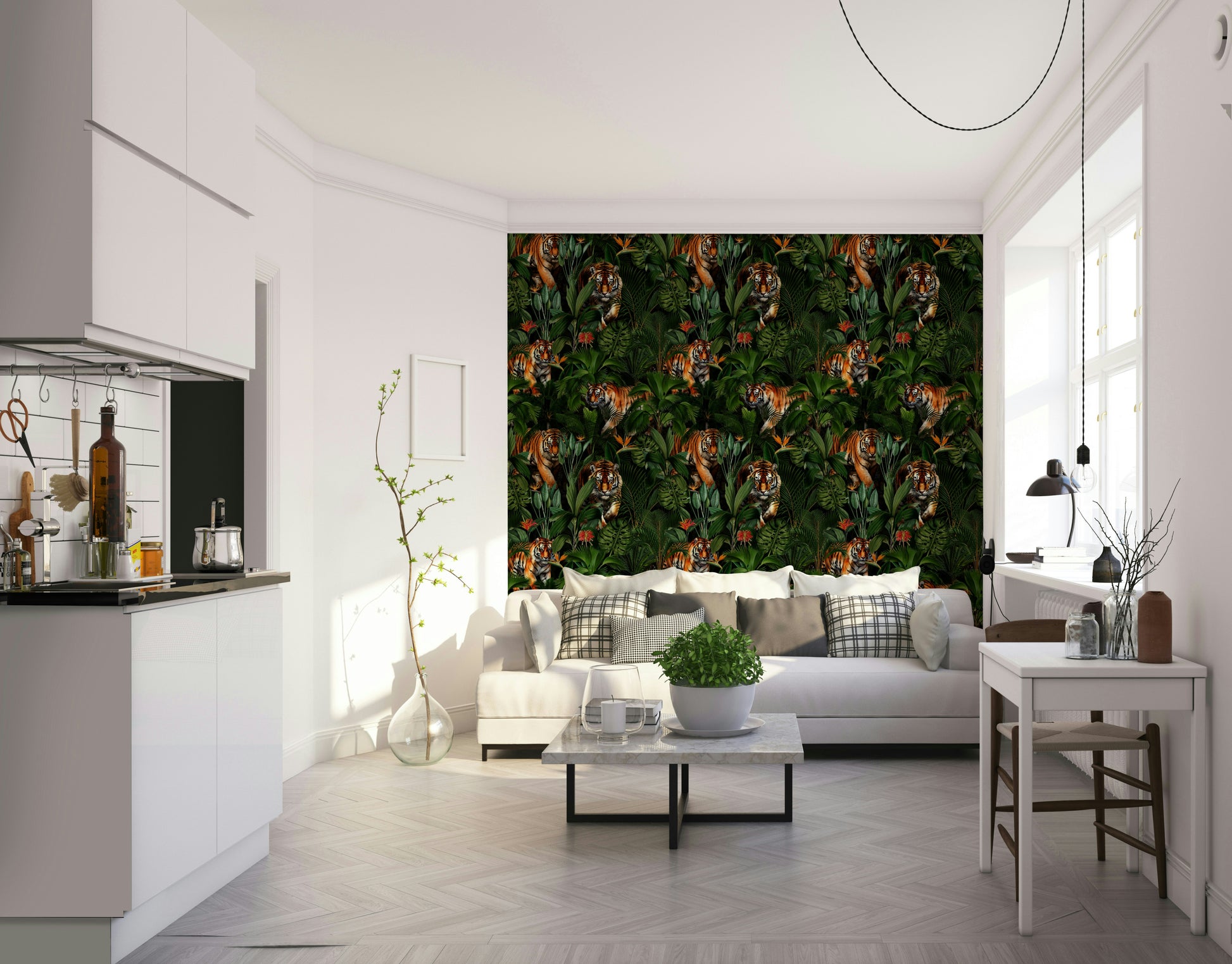 Exotic tiger and vibrant jungle foliage for bold home decor


