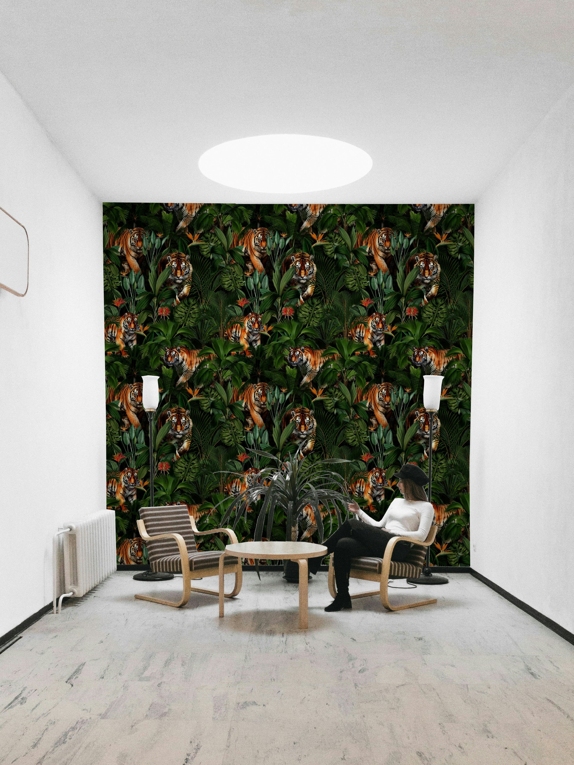 Bold tiger and tropical plant wallpaper for a statement wall


