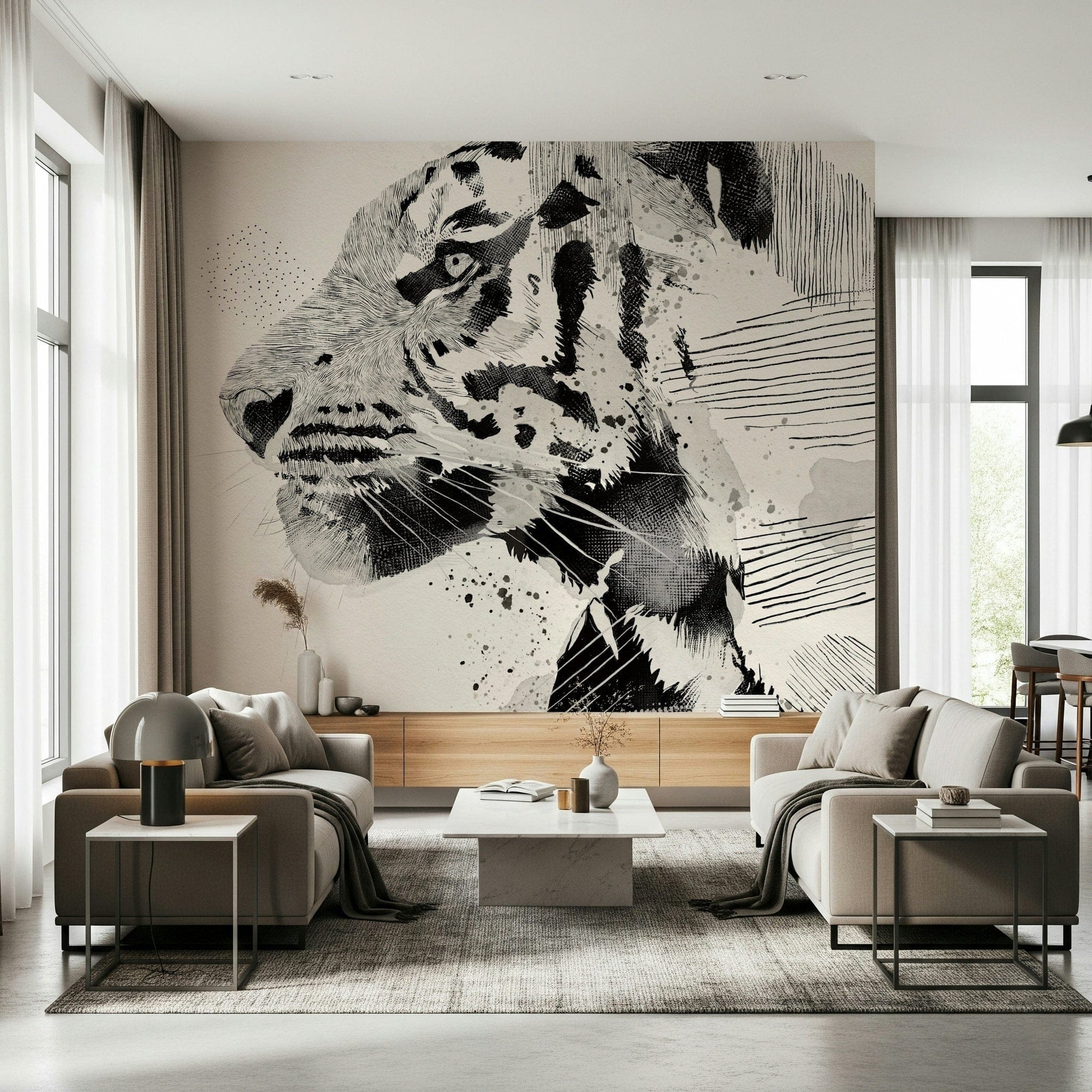 Tiger Ink Portrait wallpaper mural of a black-and-white tiger head behind two beige sofas and marble table