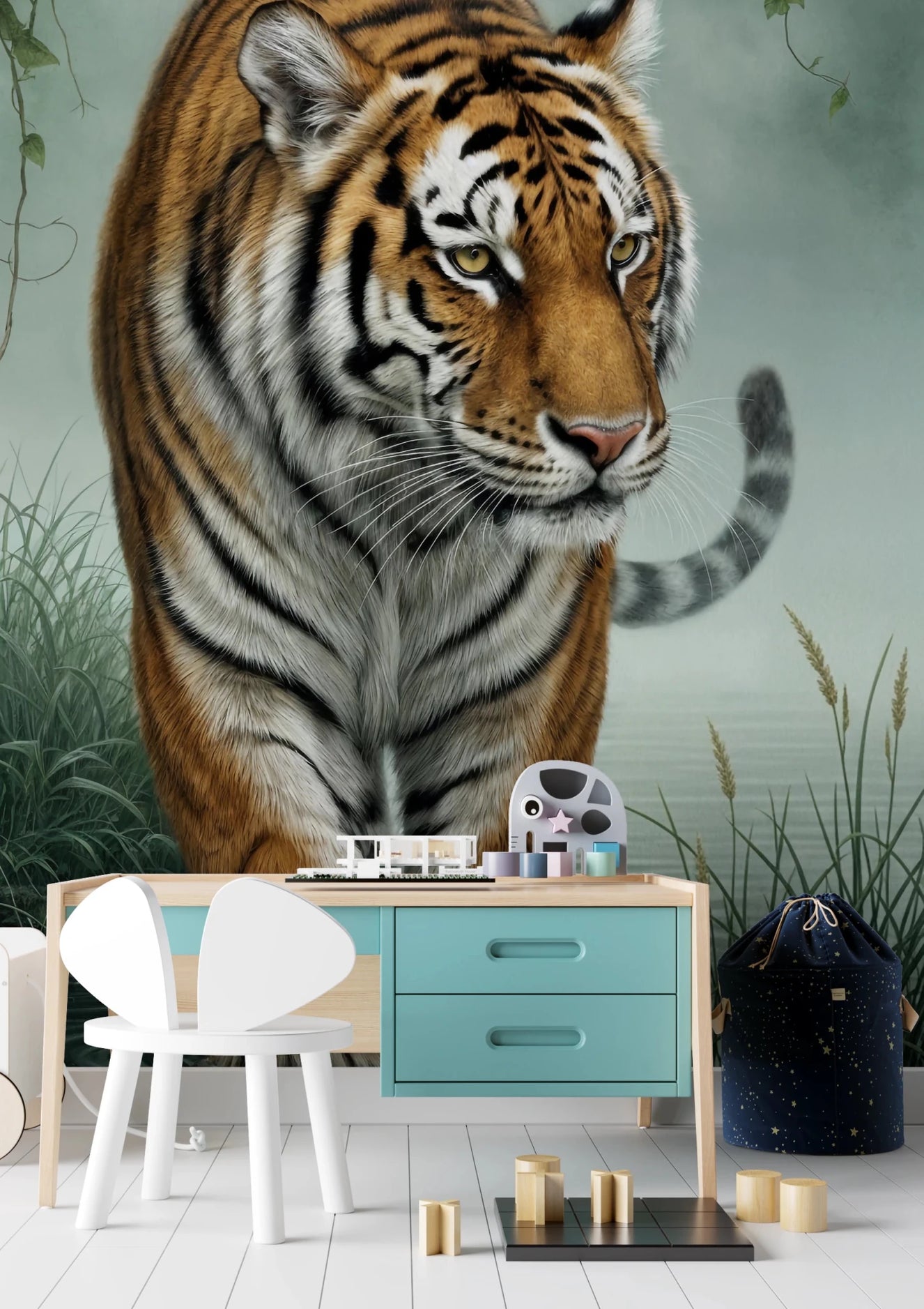 Majestic Bengal tiger walking through water in a Tiger's Trail Wall Mural