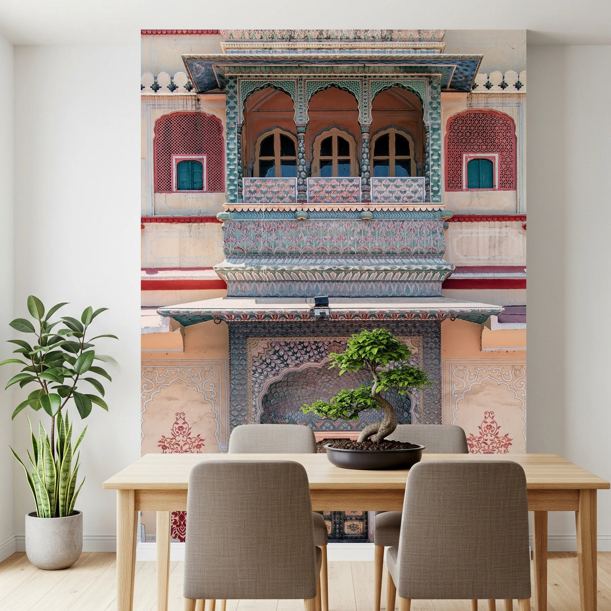 Timeless Facade wallpaper mural of the ornate facade above a pine dining table with a bonsai centrepiece