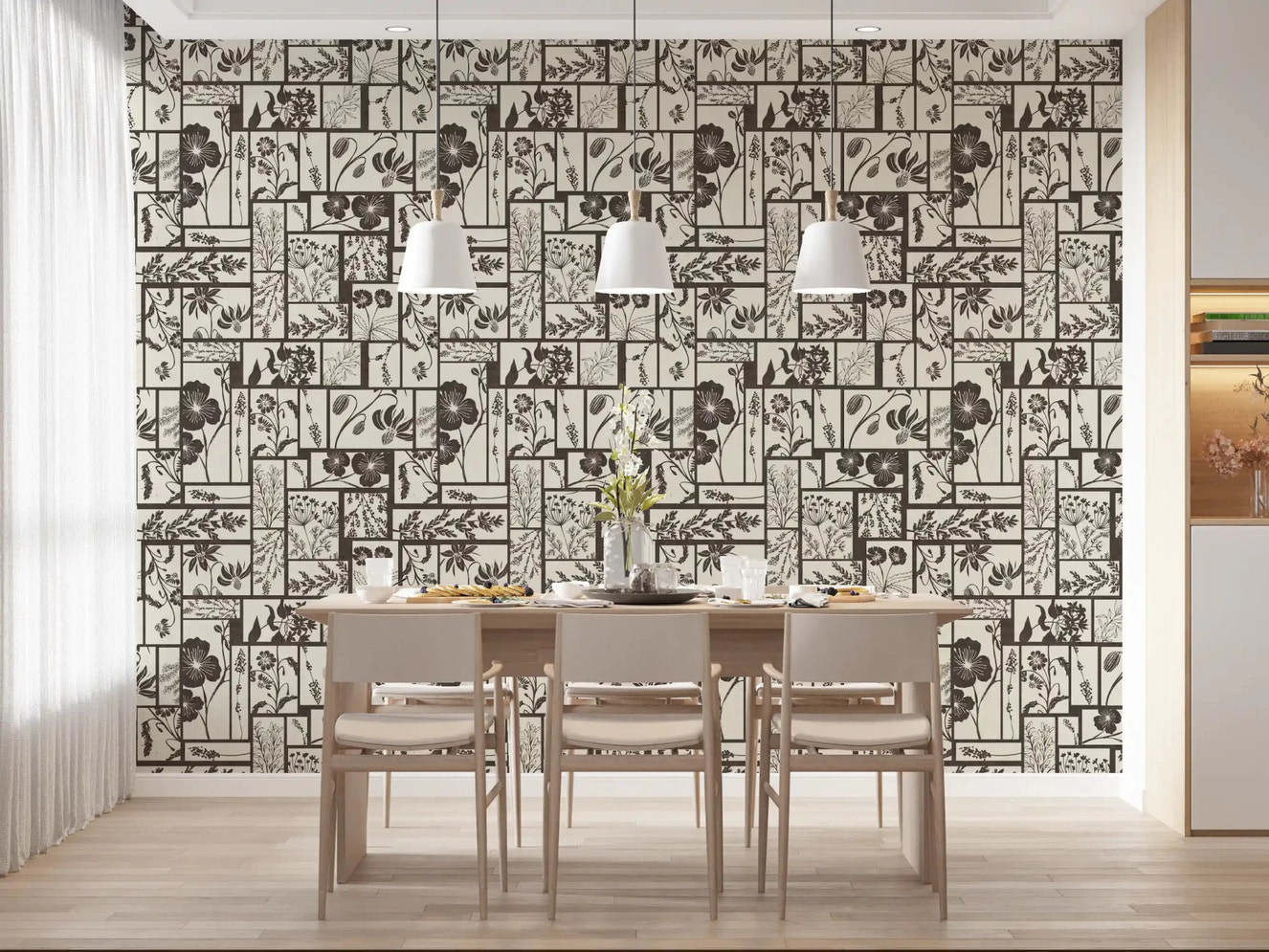 Dining area floral wallpaper with neutral tile pattern