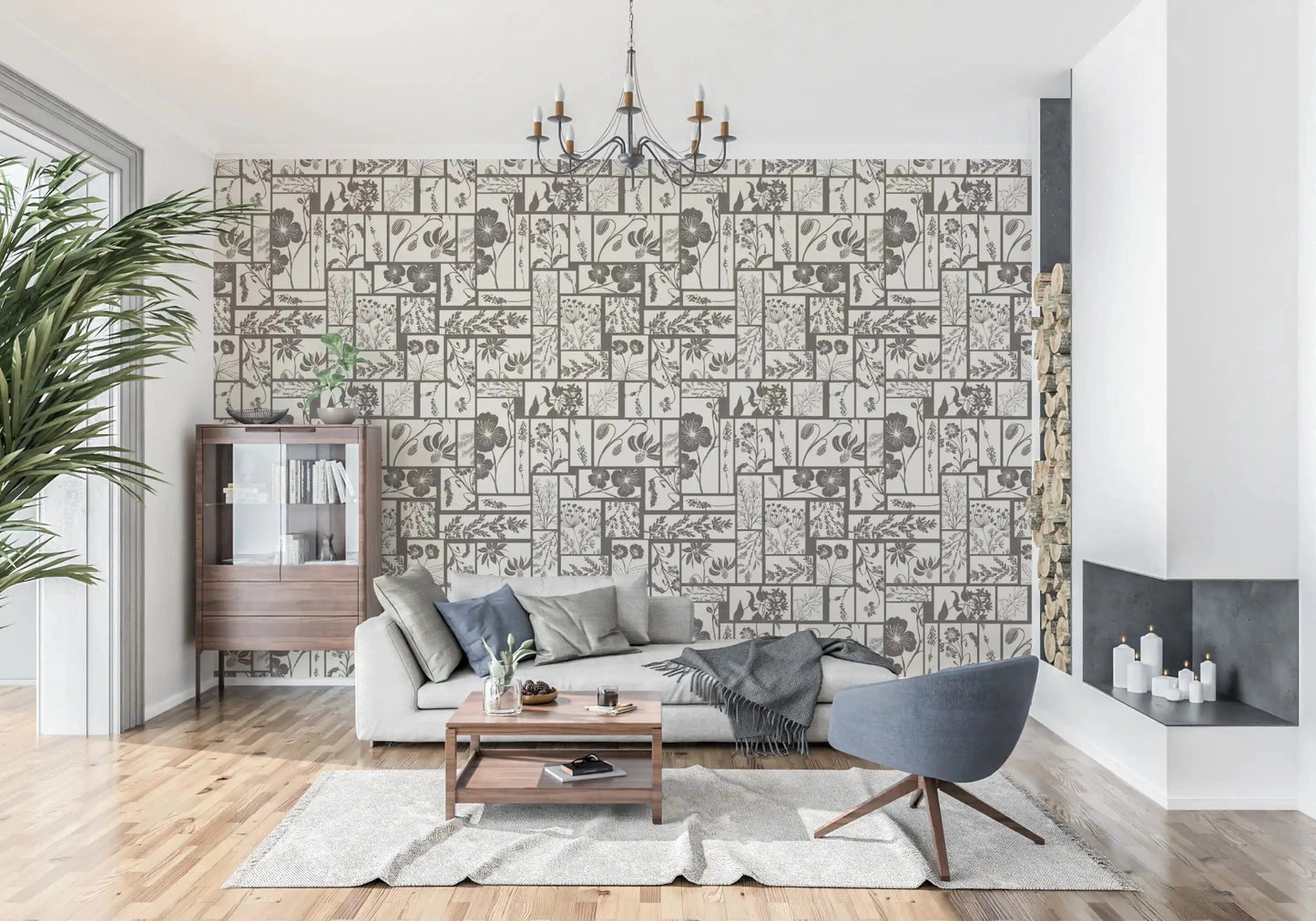 Timeless Flora Tile wallpaper with botanical grid design