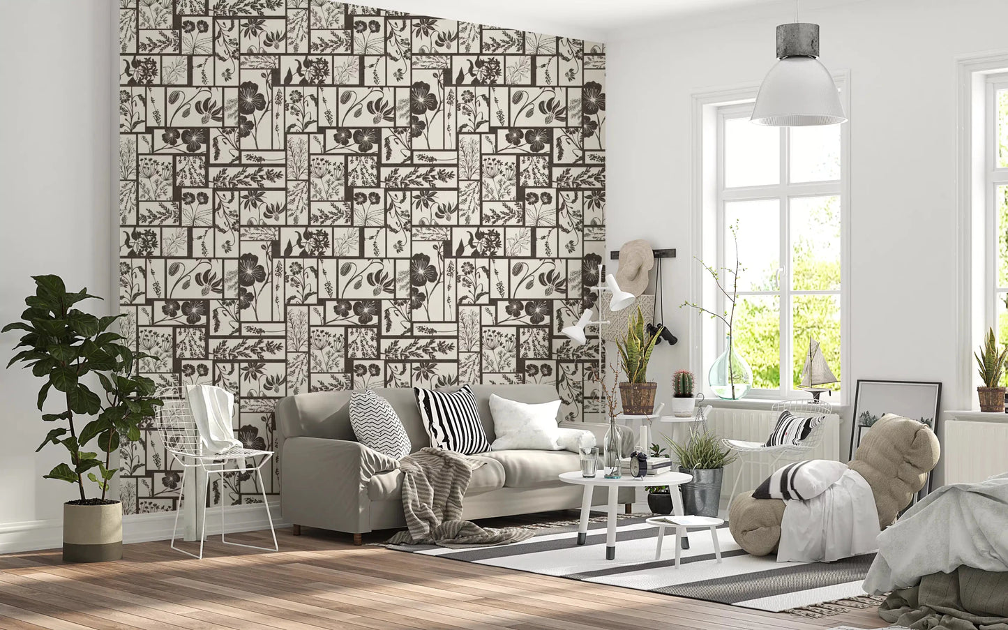 Hallway botanical wallpaper with dark floral silhouettes
