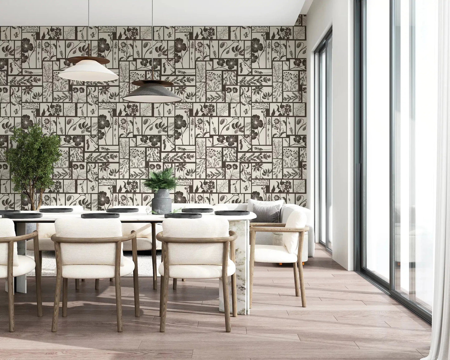 Dining room tile wallpaper with floral block layout design