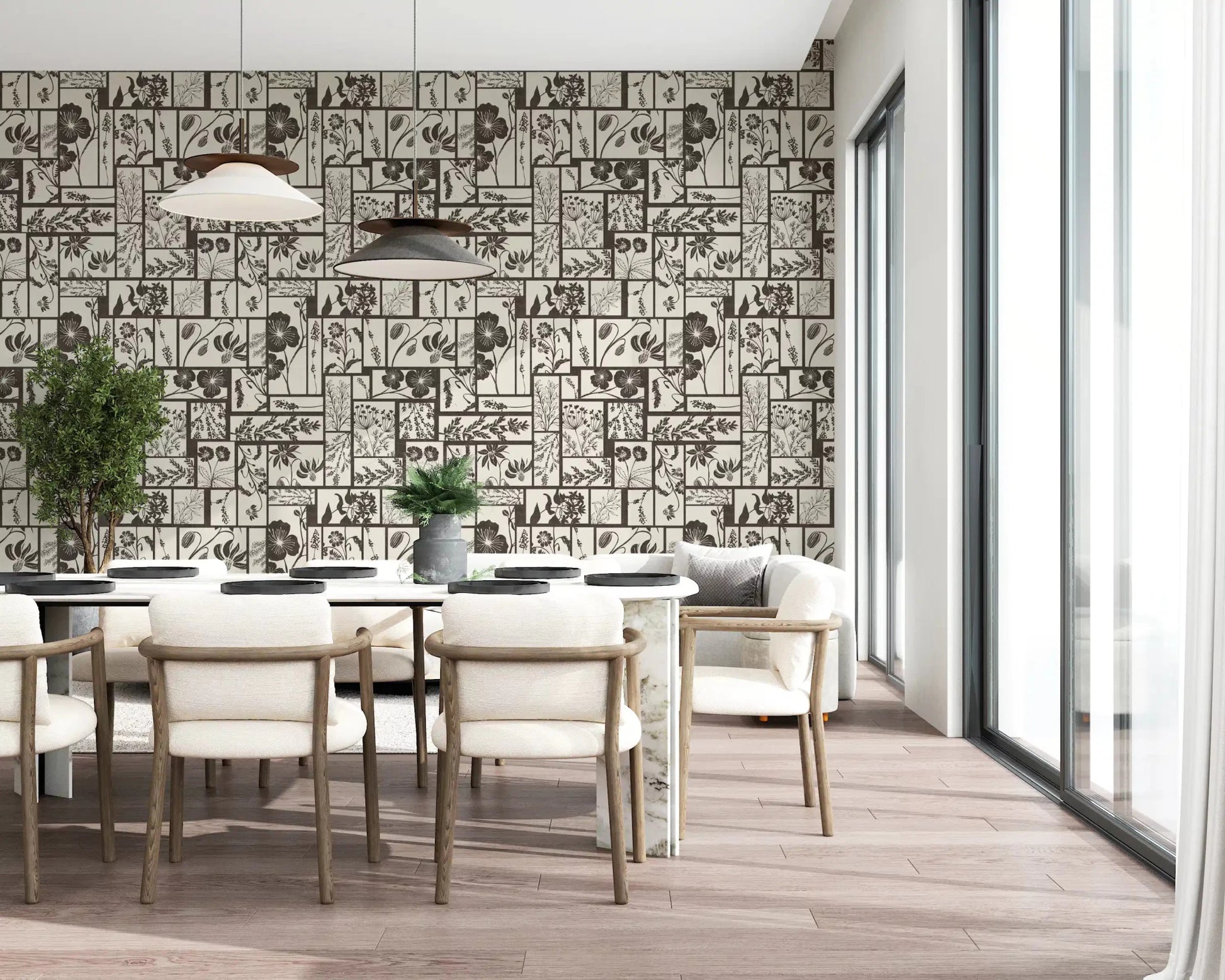 Dining room tile wallpaper with floral block layout design