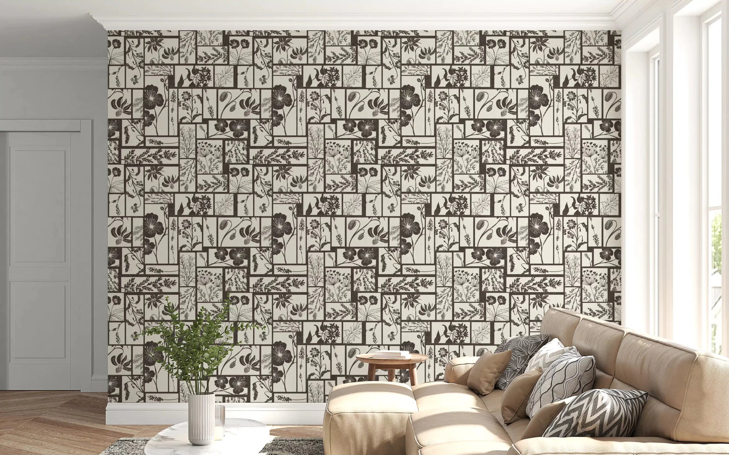 Neutral floral wallpaper with dark botanical shapes