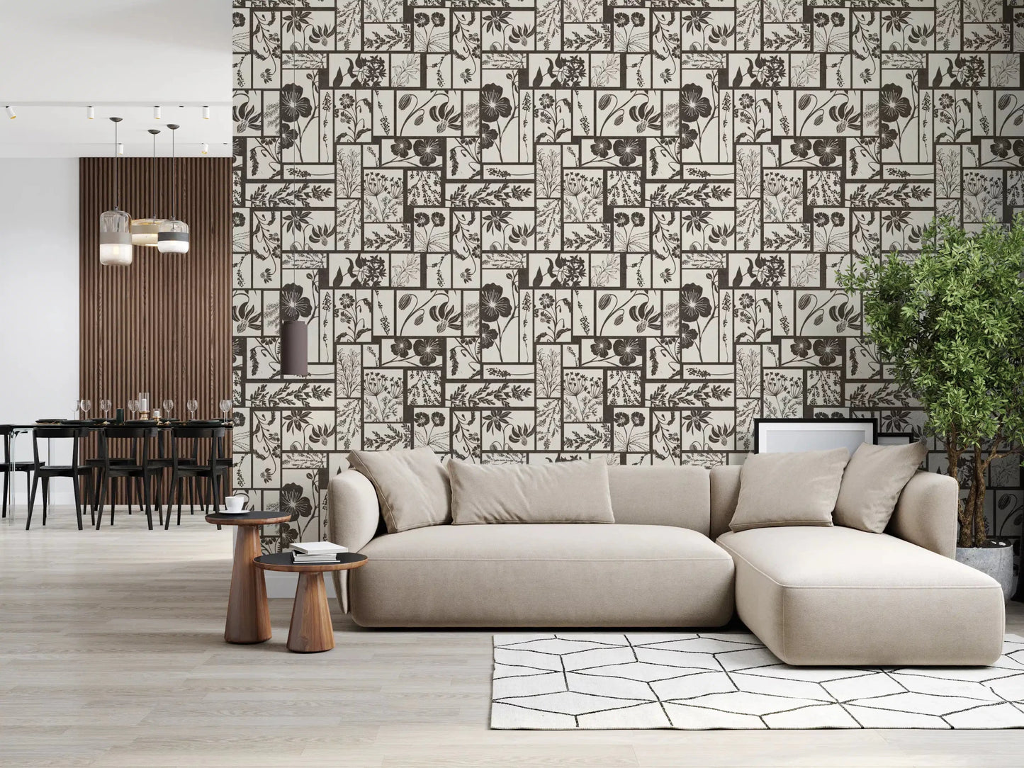 Tile pattern wallpaper with floral silhouette blocks