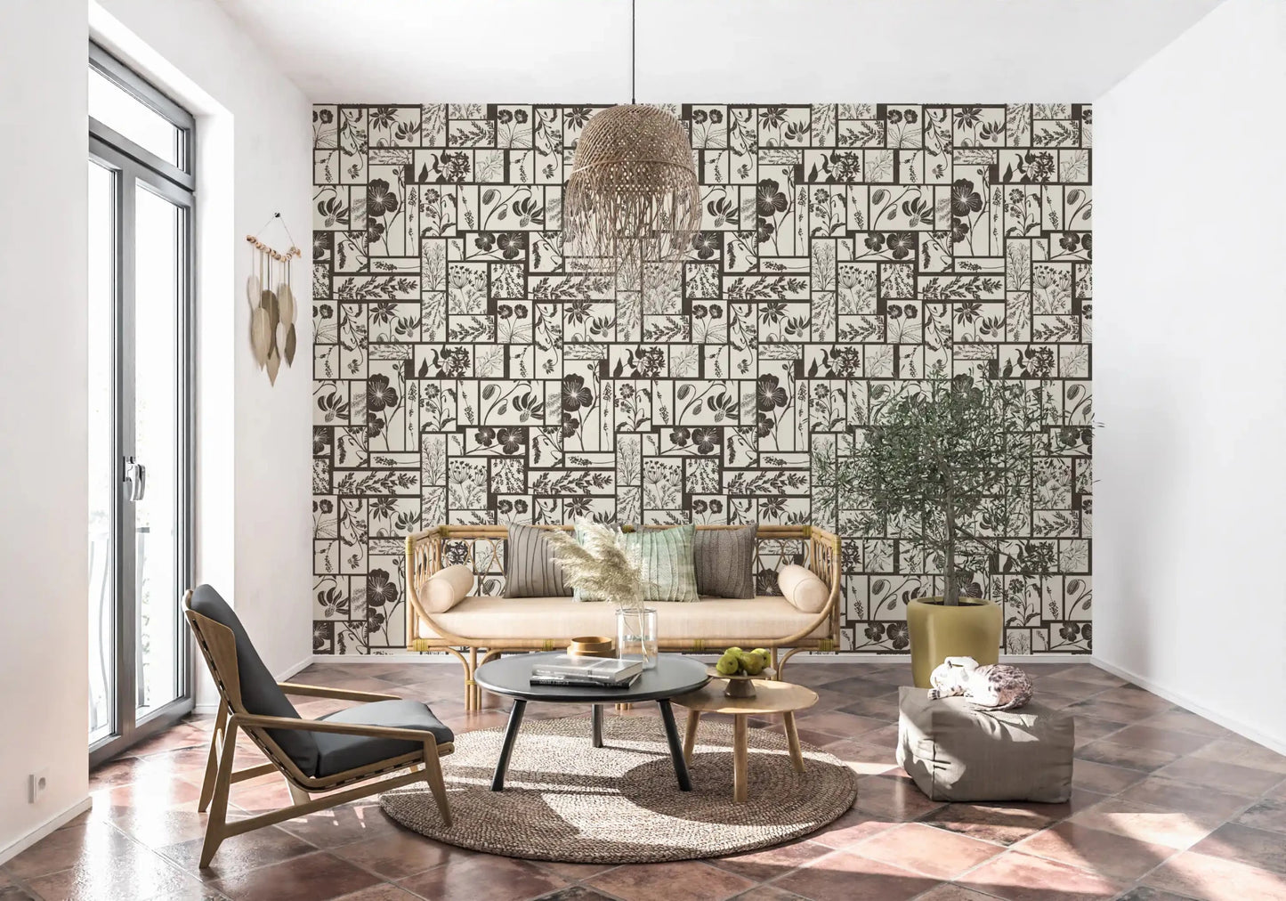 Minimal botanical wallpaper with dark floral pattern
