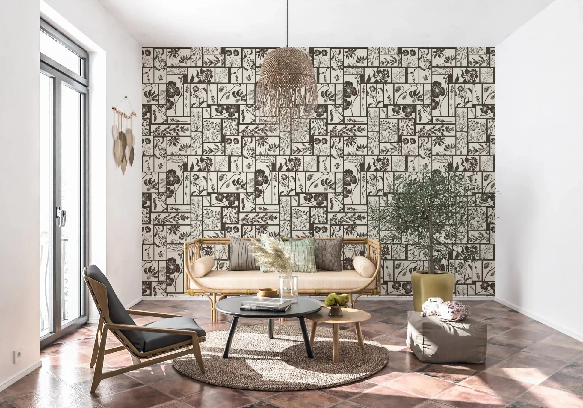 Minimal botanical wallpaper with dark floral pattern