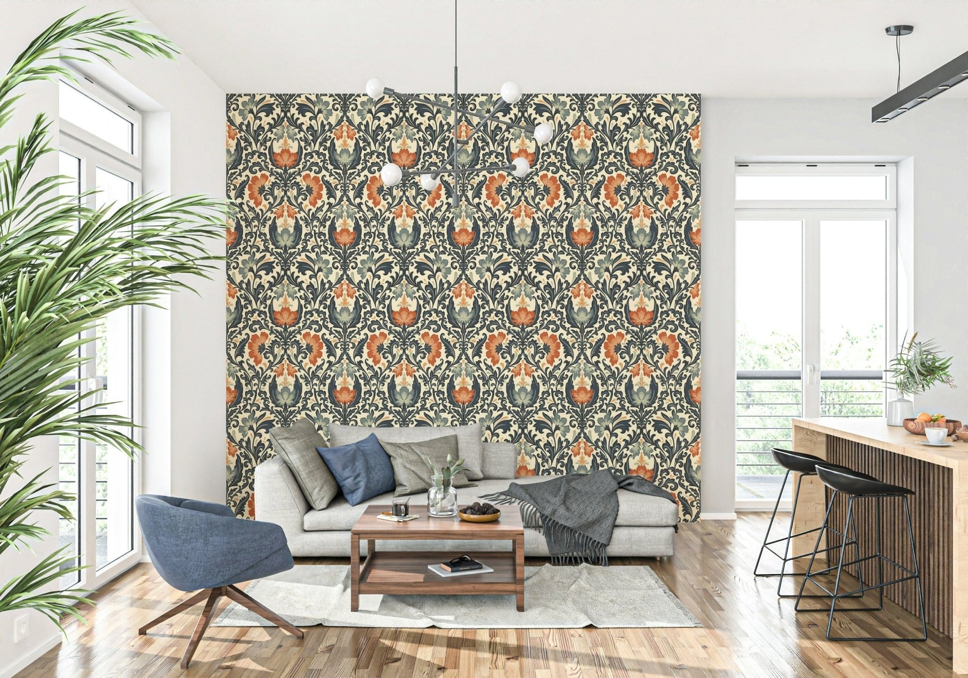Antique flourish design, deep indigo and dusty blue floral print, Opulence product.