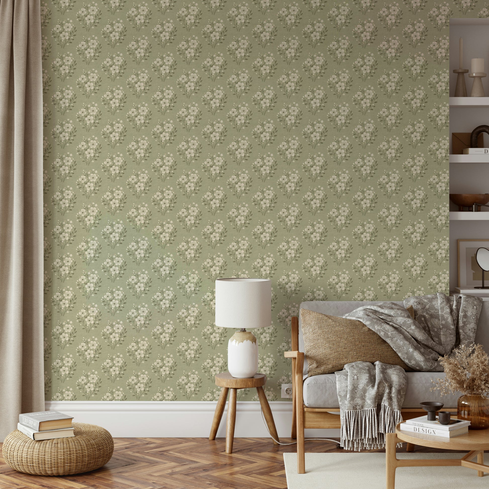 Sage wallpaper with timeless floral details

