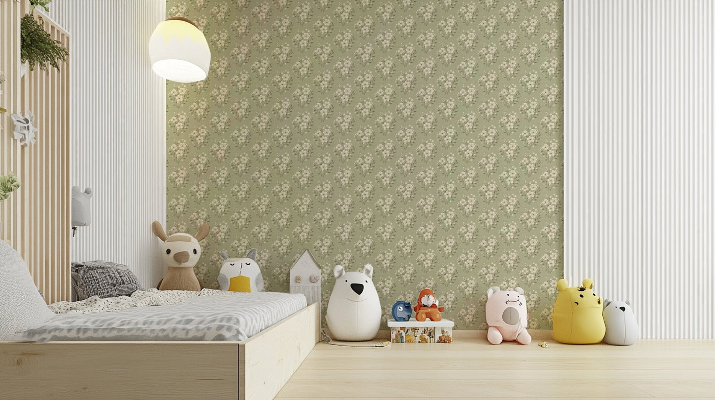 Timeless flowers wallpaper in sage green tones

