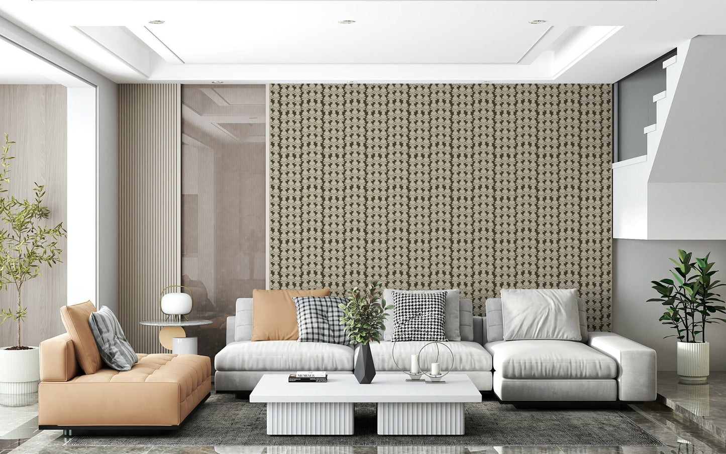 Symmetrical flower motif wallpaper in muted brown shades