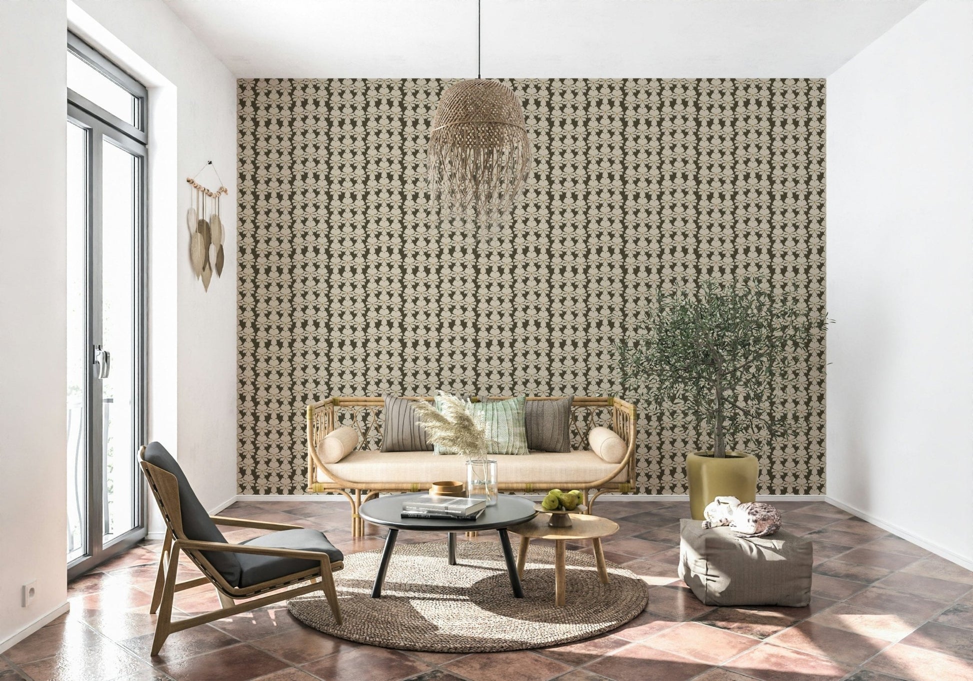 Vintage inspired floral repeat wallpaper in neutral tones