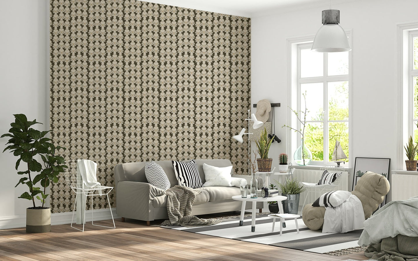 Refined botanical wallpaper in ivory and dark taupe