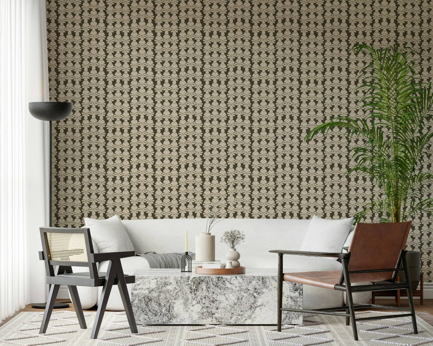 Cream floral motif wallpaper on deep olive brown base