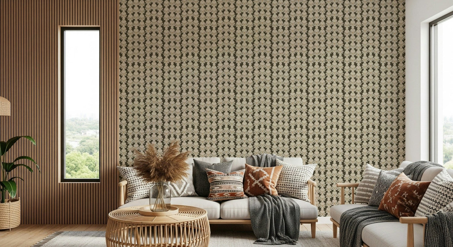 Traditional floral repeat wallpaper in soft neutral palette