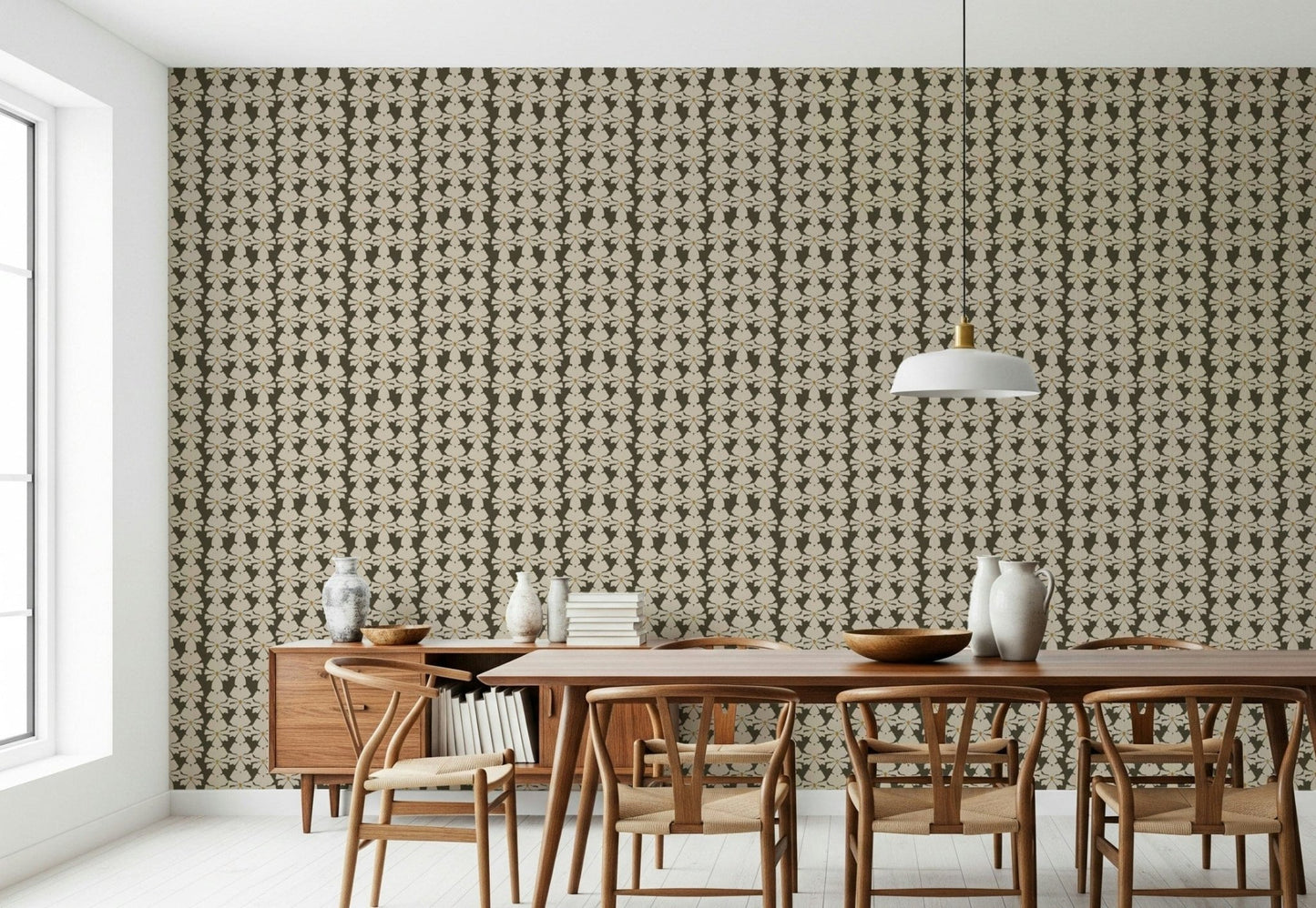 Allover cream blossom wallpaper on rich olive ground