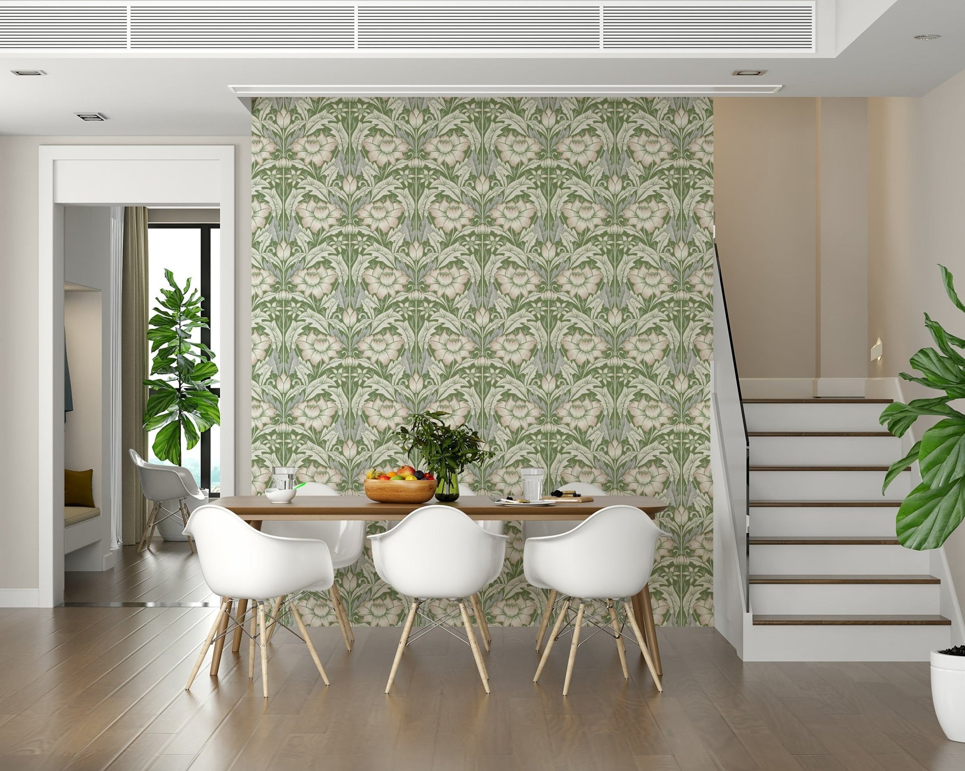 Timeless Garden Sage Green wallpaper of green floral damask in a dining nook with white chairs beside a staircase