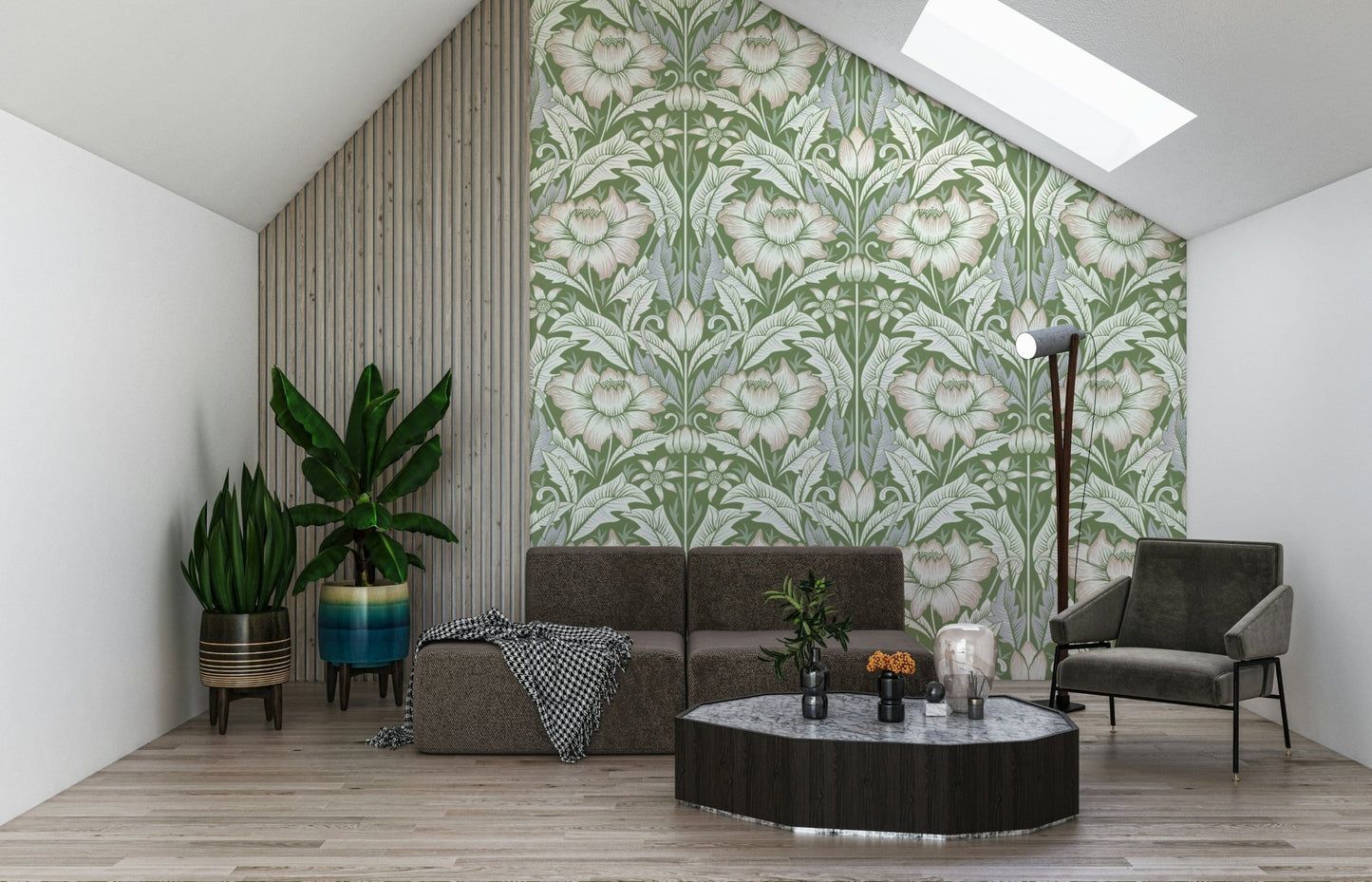 Timeless Garden Sage Green wallpaper with cream blooms on sage in an attic lounge with a grey sofa and armchair