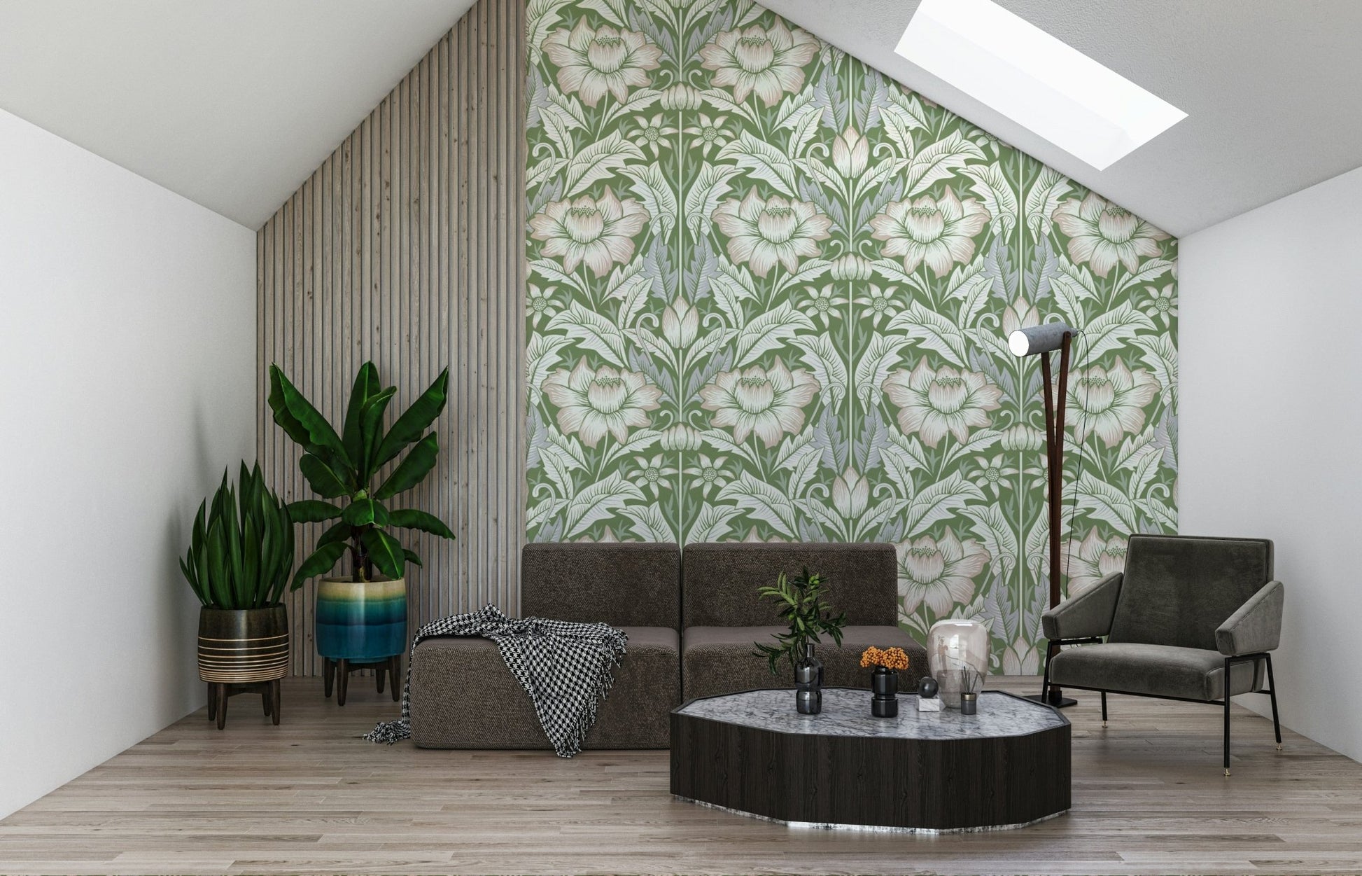 Timeless Garden Sage Green wallpaper with cream blooms on sage in an attic lounge with a grey sofa and armchair