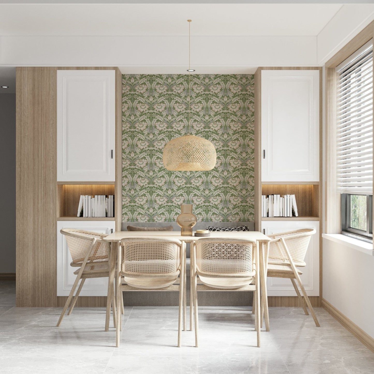 Timeless Garden Sage Green wallpaper behind a wood dining table and rattan chairs under a woven pendant lamp