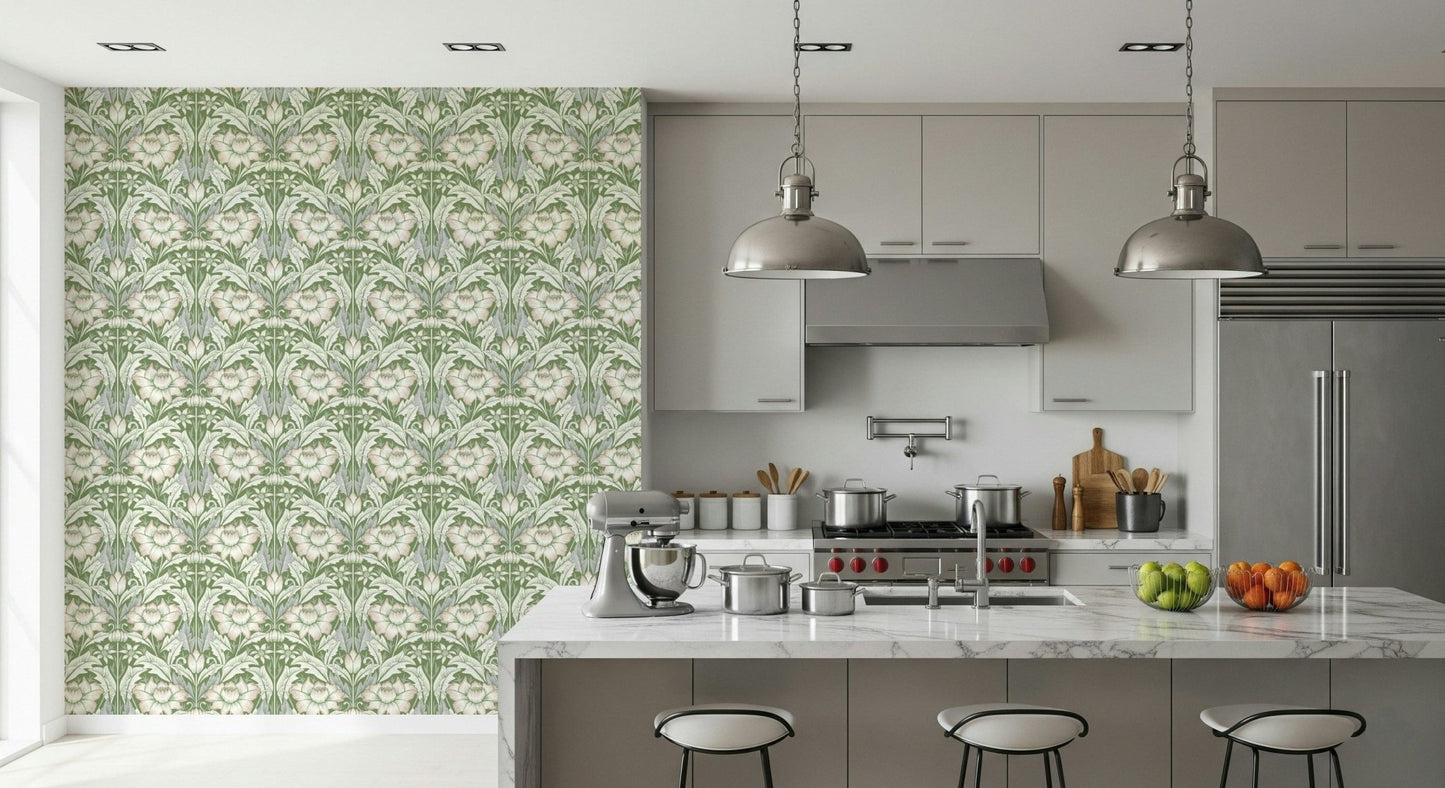 Timeless Garden Sage Green wallpaper of green and cream florals on an accent wall in a grey and wood kitchen