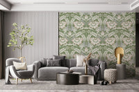 Timeless Garden Sage Green wallpaper with cream blooms on sage behind a grey sofa in a modern living room