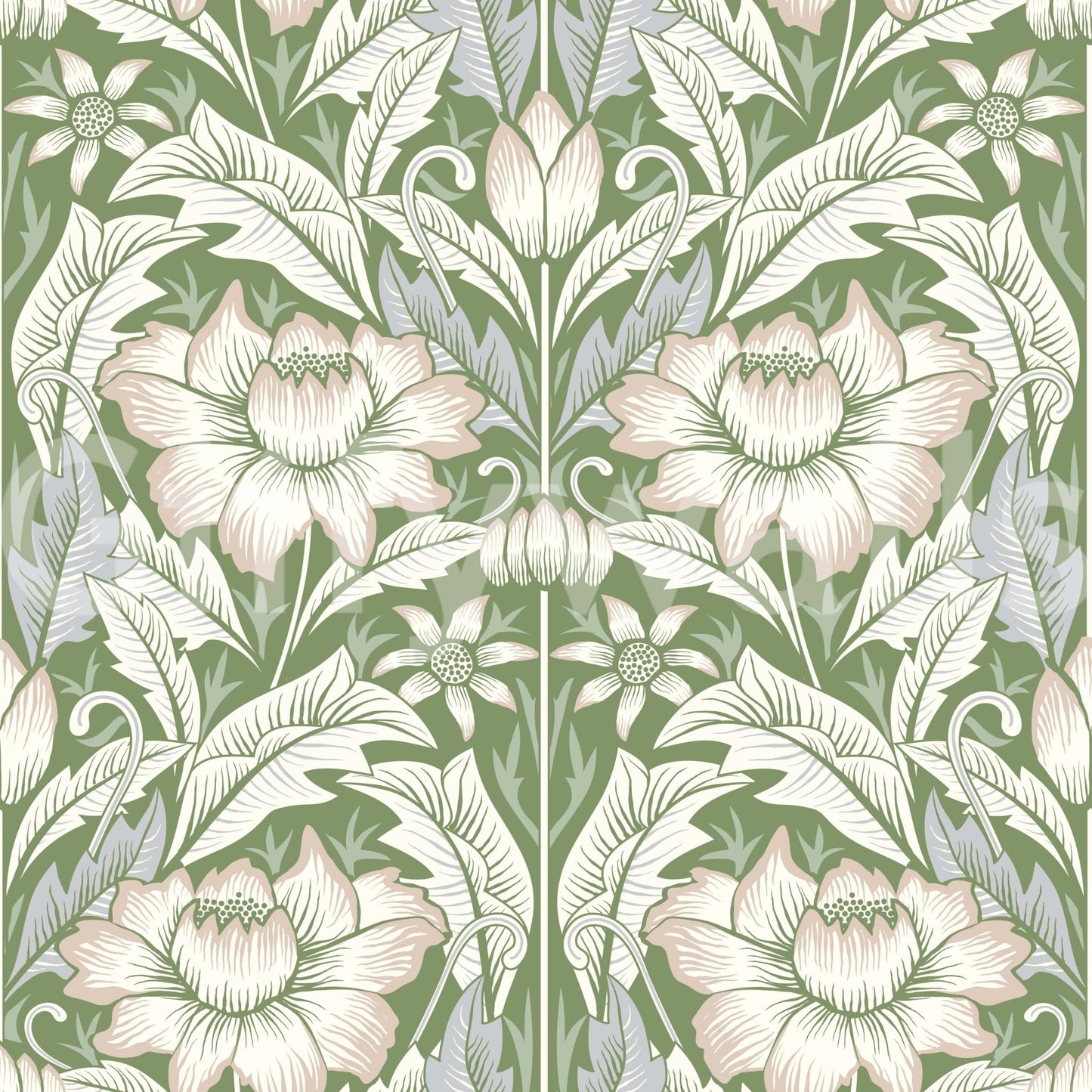 Timeless Garden Sage Green wallpaper close-up showing cream blossoms and leaves on a sage green background