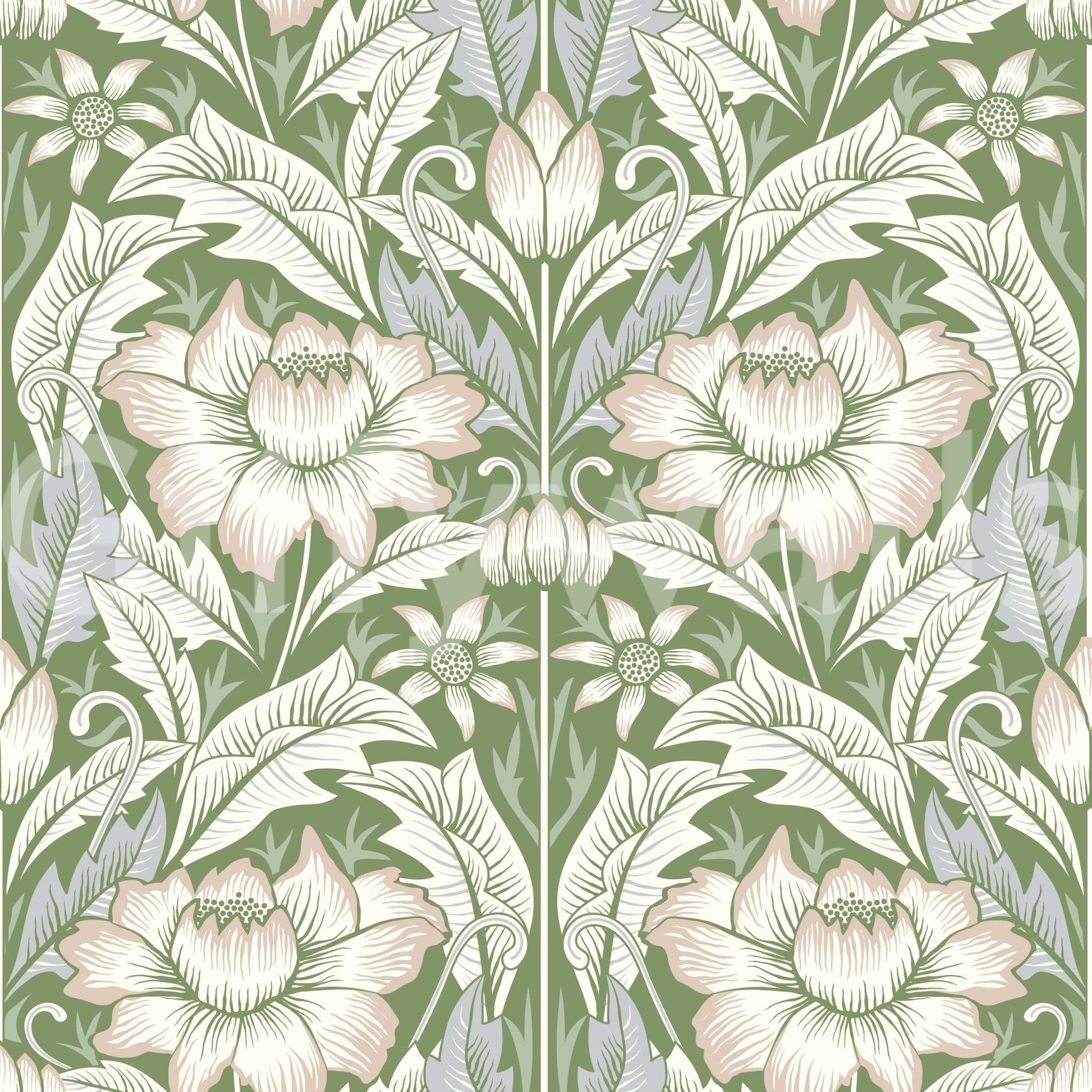 Timeless Garden Sage Green wallpaper close-up showing cream blossoms and leaves on a sage green background