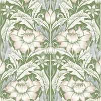 Timeless Garden Sage Green wallpaper close-up showing cream blossoms and leaves on a sage green background