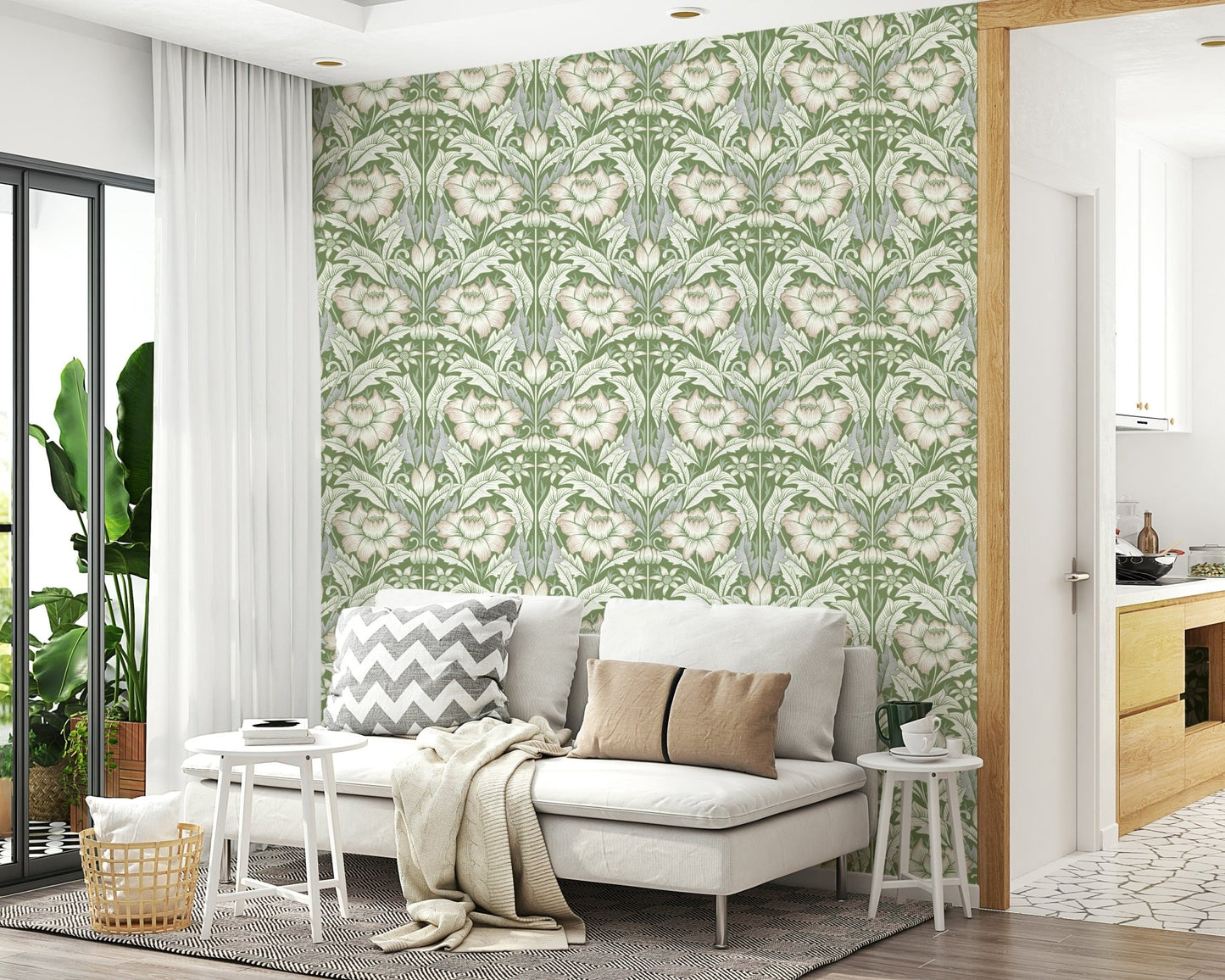 Timeless Garden Sage Green wallpaper of sage damask behind a white sofa with grey and tan throw pillows