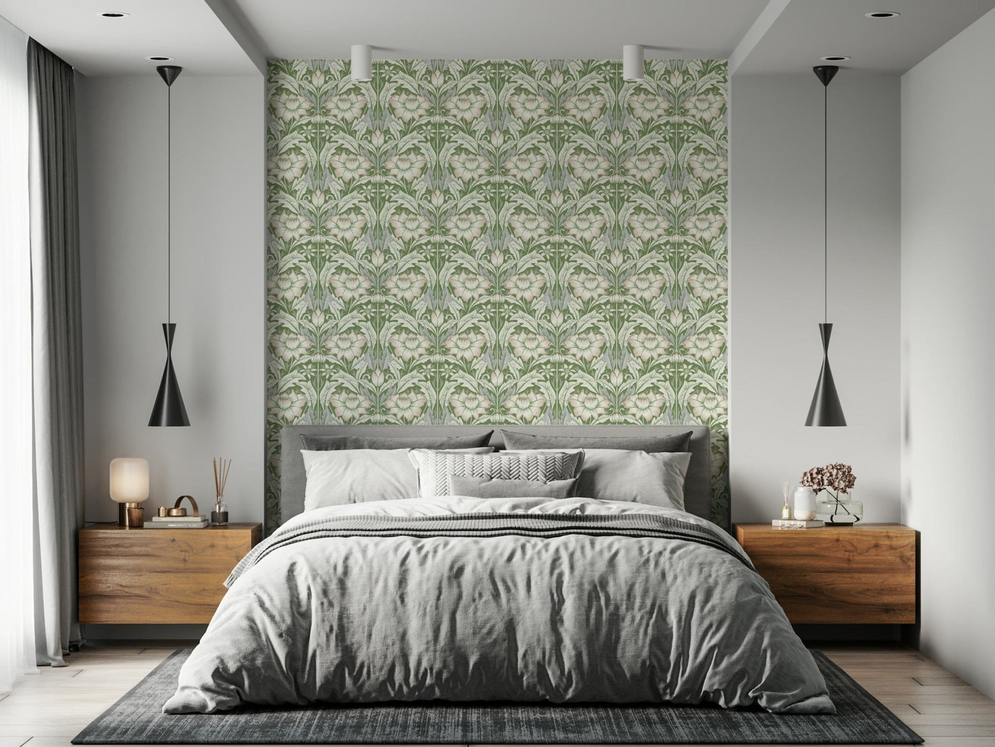 Timeless Garden Sage Green wallpaper of green and cream florals behind a grey bed in a calm modern bedroom