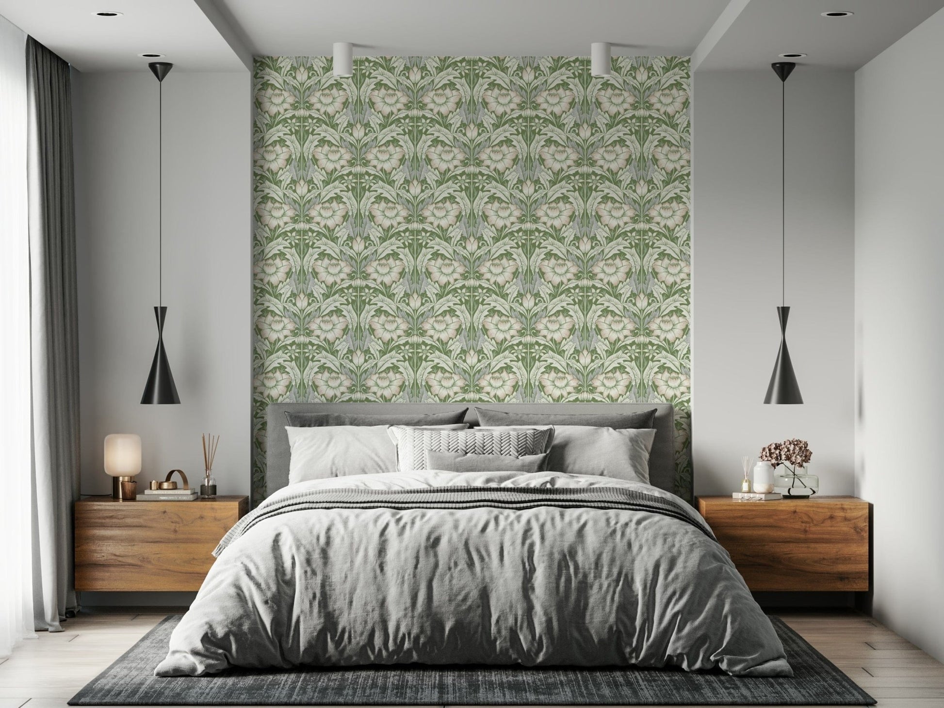 Timeless Garden Sage Green wallpaper of green and cream florals behind a grey bed in a calm modern bedroom