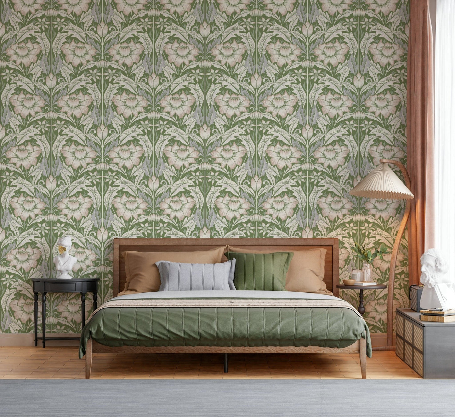 Timeless Garden Sage Green wallpaper of bold green florals behind a cane bed with green and tan bedding