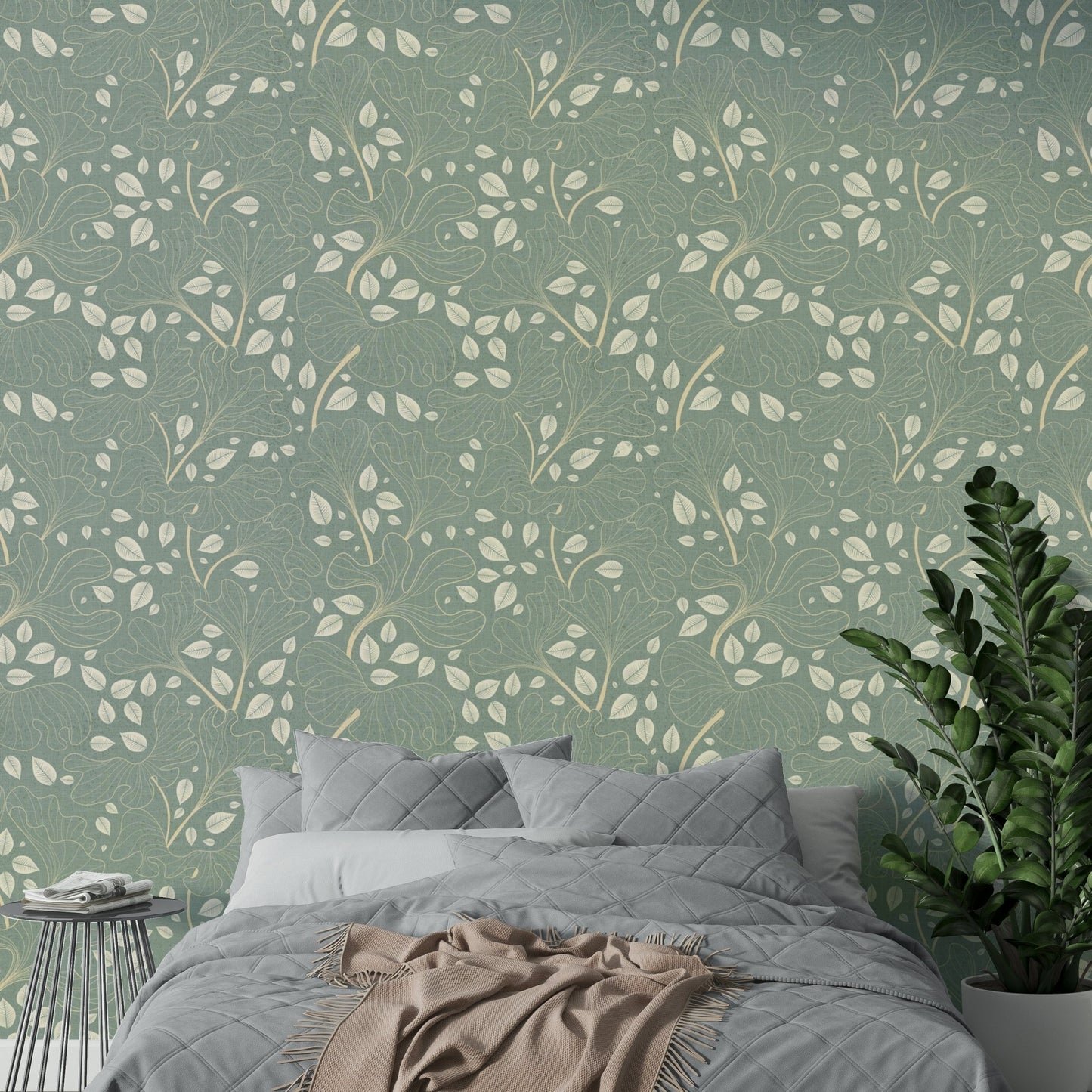 Wallpaper with a pattern of ginkgo leaves.


