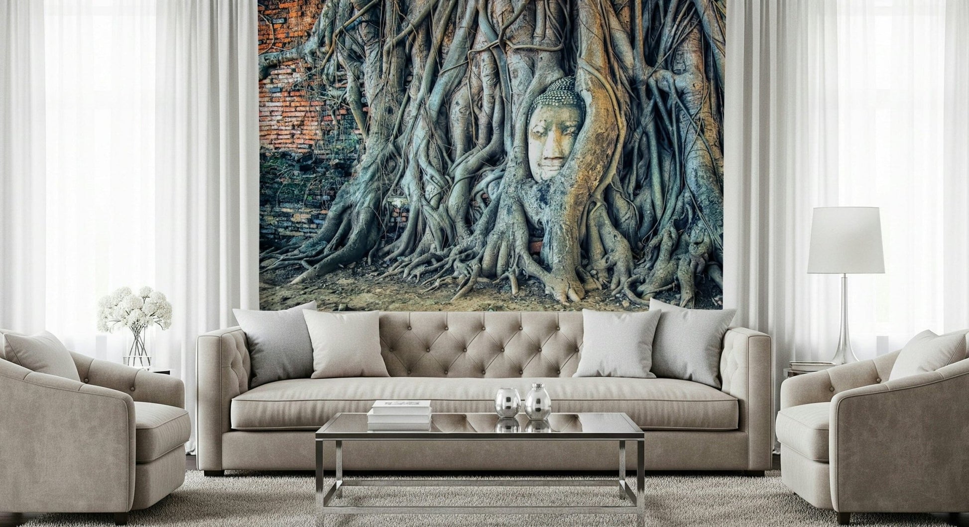 Timeless Harmony stone head nestled in grey banyan roots.