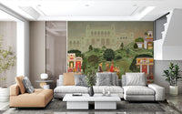 Elegant Indian palace garden wall mural in a luxurious living room setting.