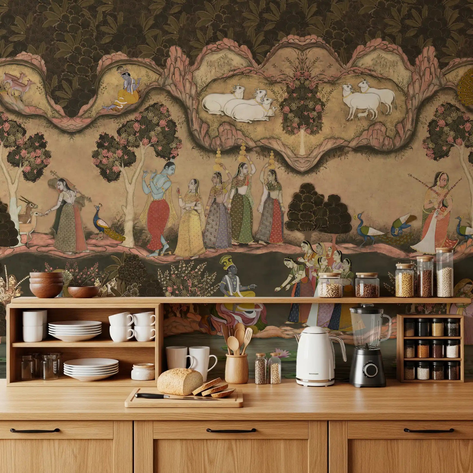 Timeless Indian Serenade Wall Mural featuring traditional figures and animals