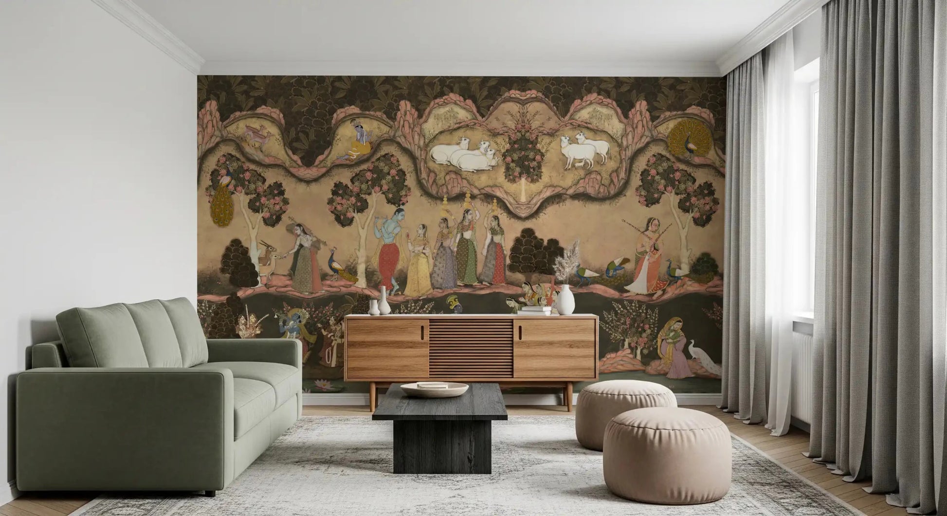 Intricate Timeless Indian Serenade Wall Mural hallway with vibrant blue deity illustrations