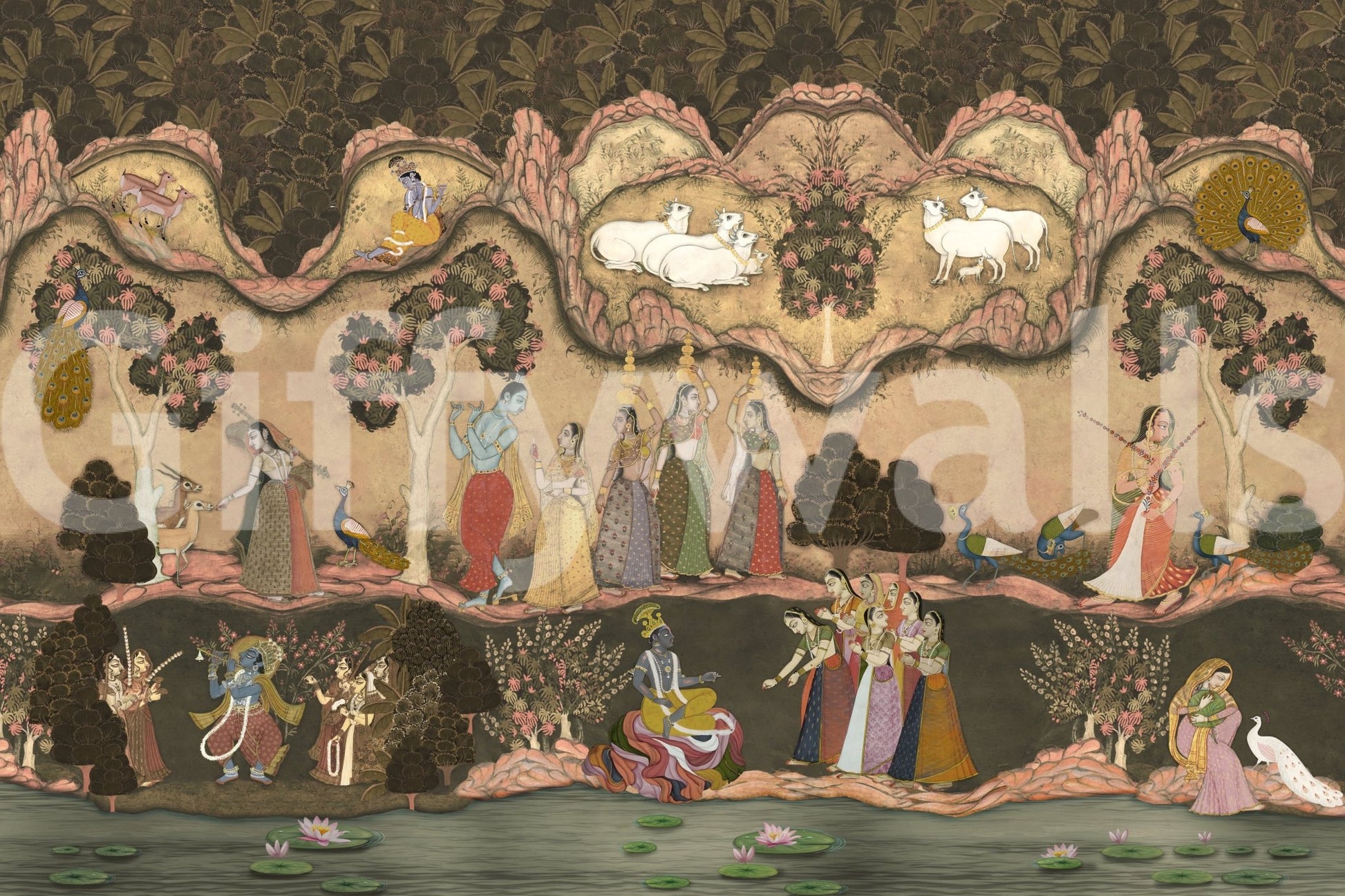Vintage inspired Timeless Indian Serenade Wall Mural features forest fauna