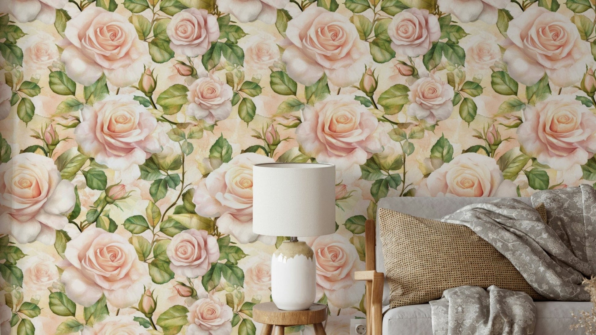 Elegant rose wallpaper mural featuring intricate floral patterns.

